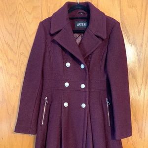 Guess double breast walker coat in wine/burgundy